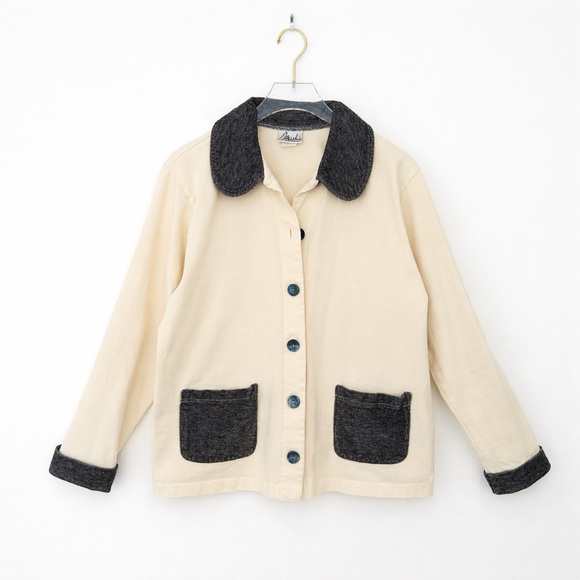 Vintage Jackets & Blazers - Minimalist French Girl Barn Jacket Coat Feminine Black Cream Size Small